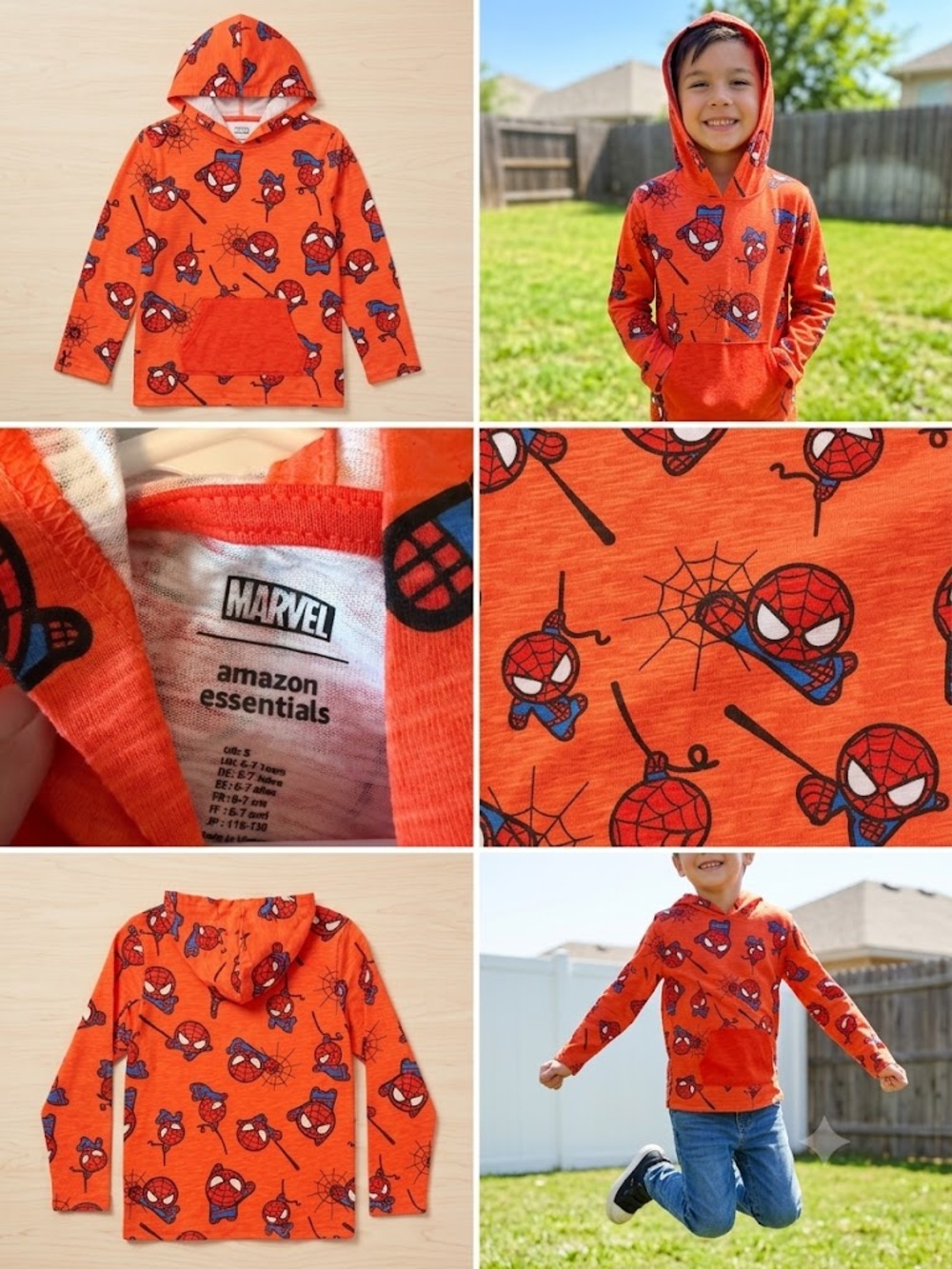 Marvel Spider-Man Hooded Pullover Shirt Kids Size Small (6–7) Orange Long Sleeve